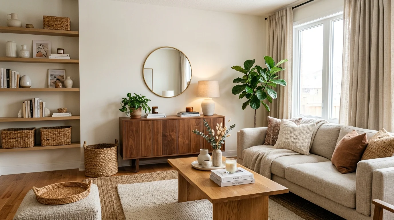 Mixed wood tones layered beautifully in a cozy modern living room