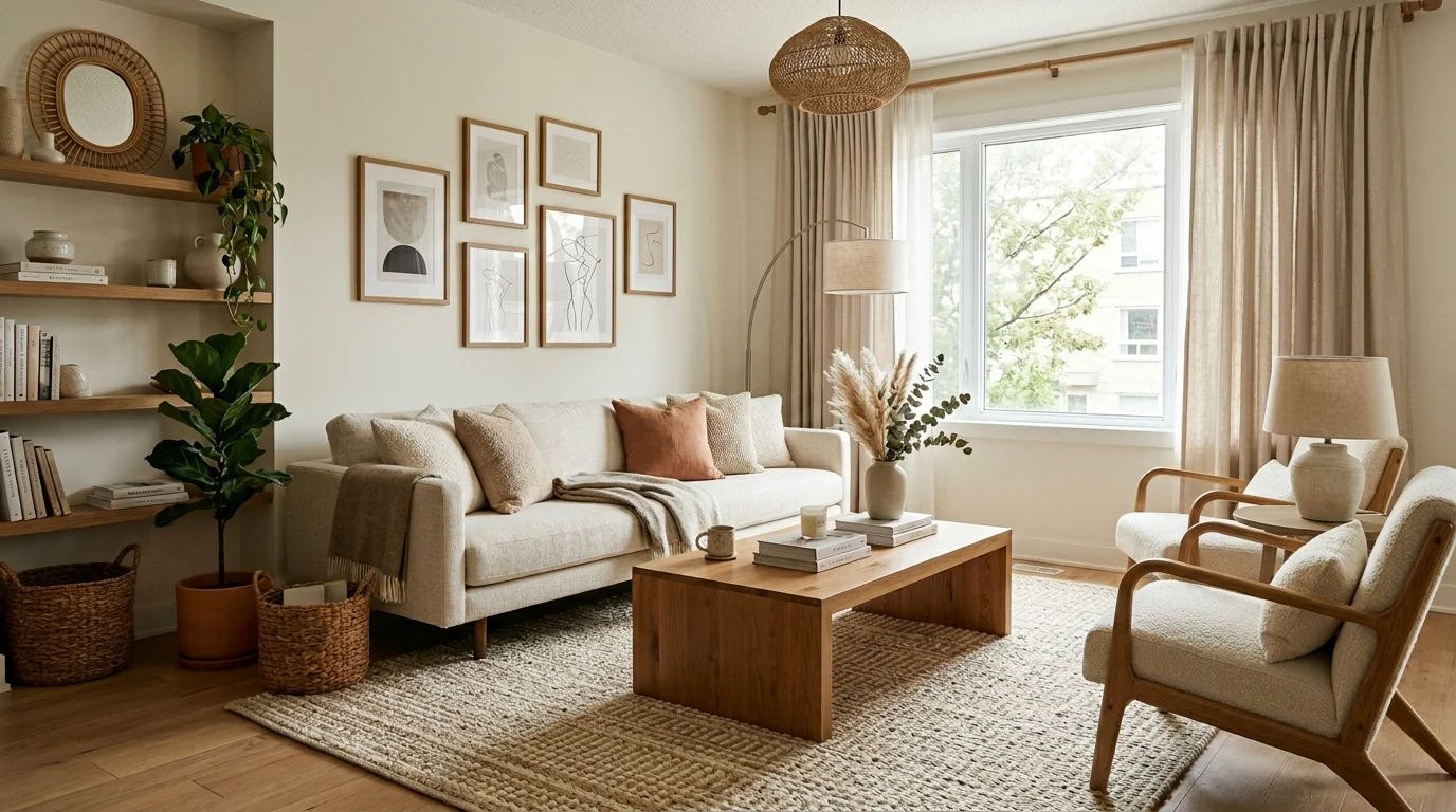 Balanced rectangular living room with cozy neutral furniture layout