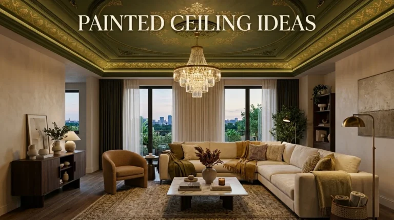 Luxury living room with dramatic painted ceiling and warm designer-inspired decor