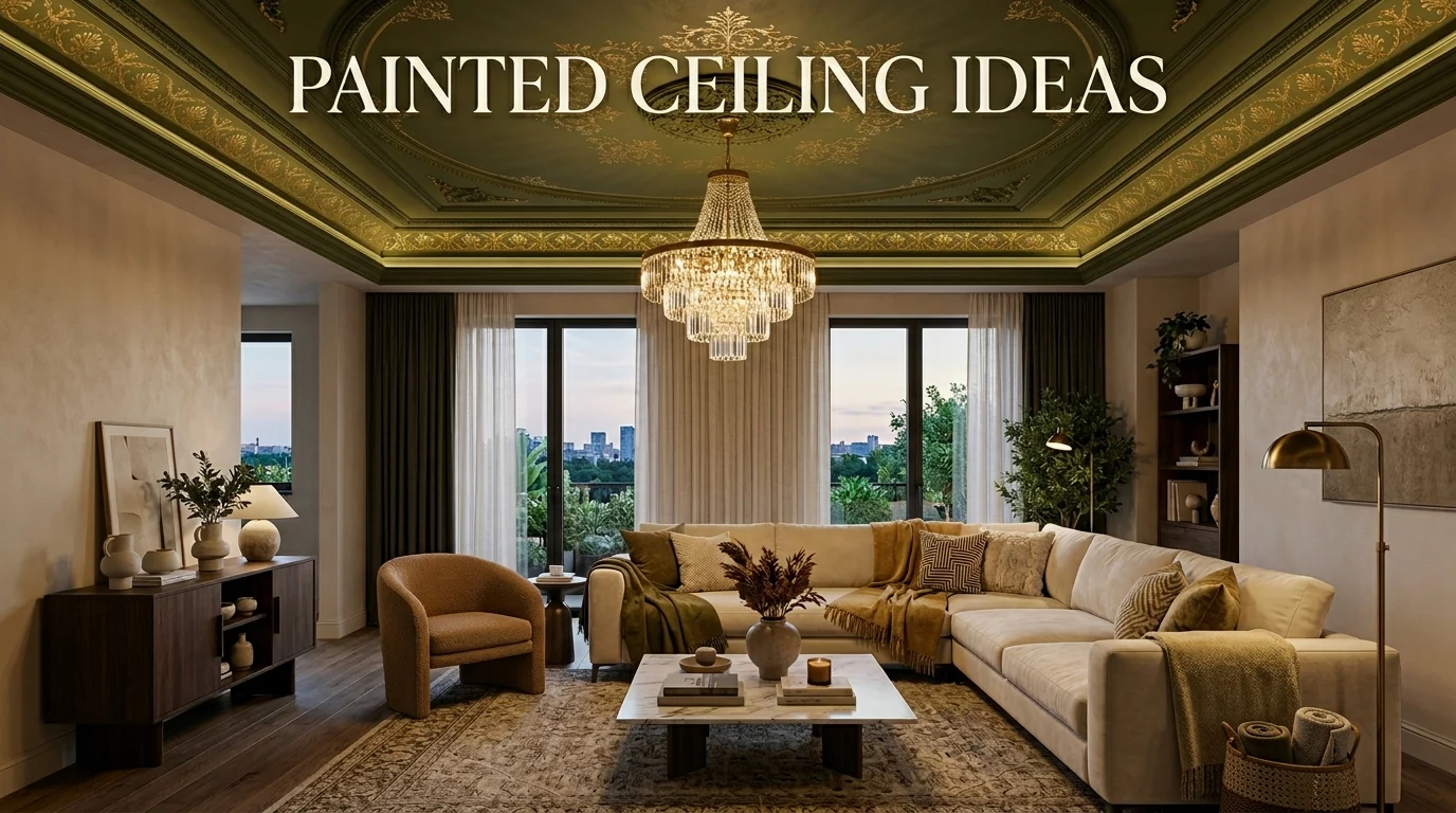 Luxury living room with dramatic painted ceiling and warm designer-inspired decor