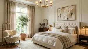 Luxury dream bedroom with layered bedding, elegant lighting, and designer decor.