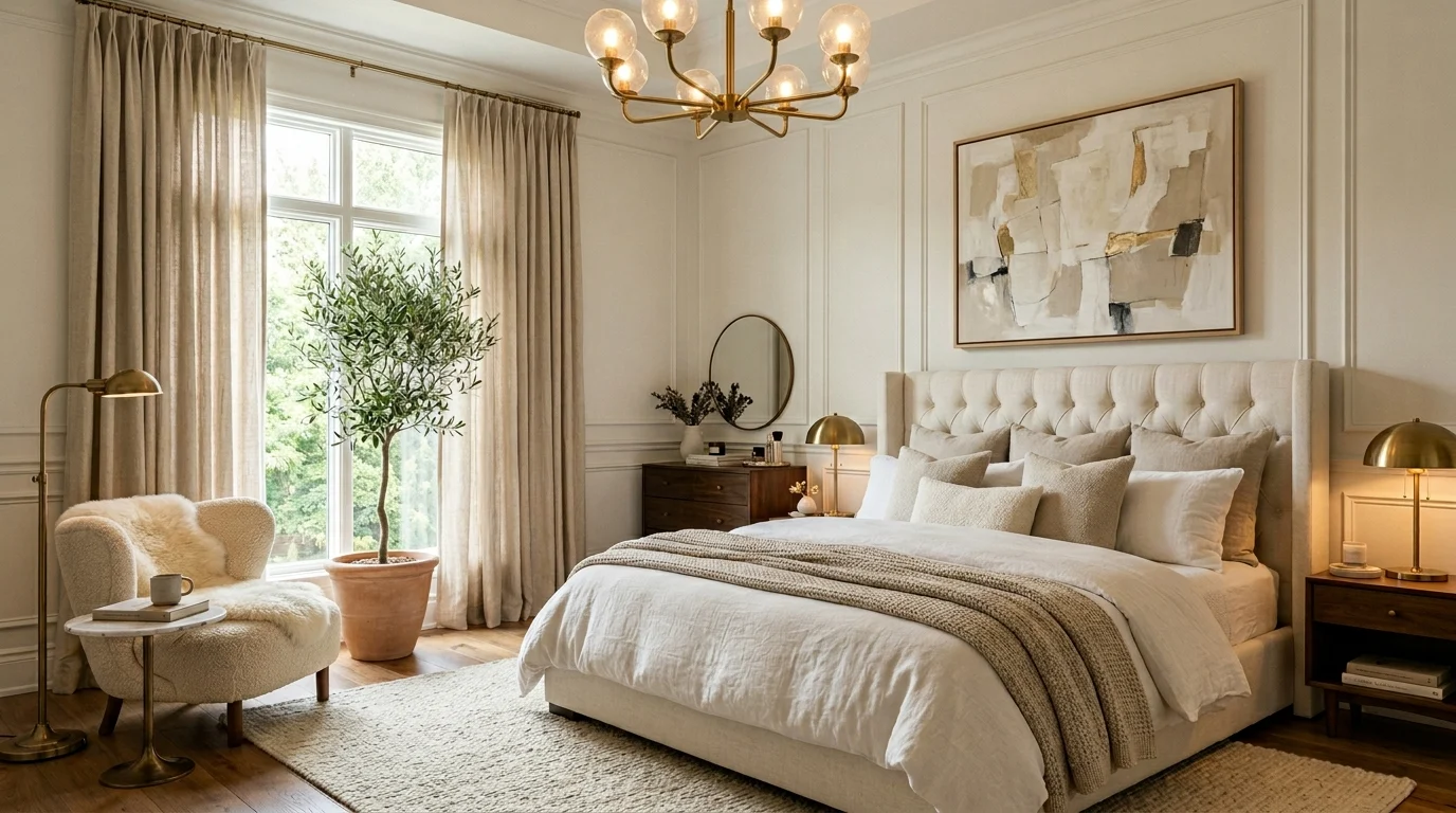 Luxury dream bedroom with layered bedding, elegant lighting, and designer decor.