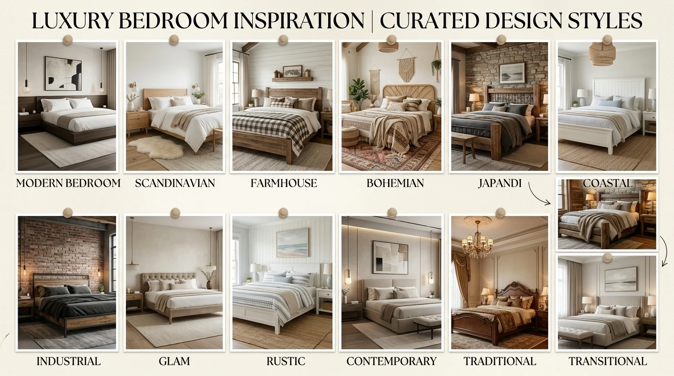 Collage showcasing different bedroom design styles including modern, Scandinavian, boho, farmhouse, and Japandi interiors.