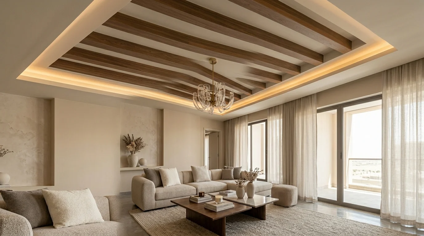 Luxury living room with elegant ceiling design, recessed lighting, and warm modern decor