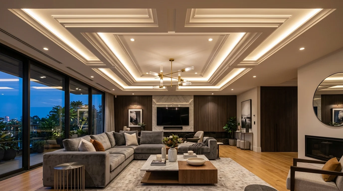 Luxury living room with modern POP ceiling design, warm LED lighting, and elegant neutral decor