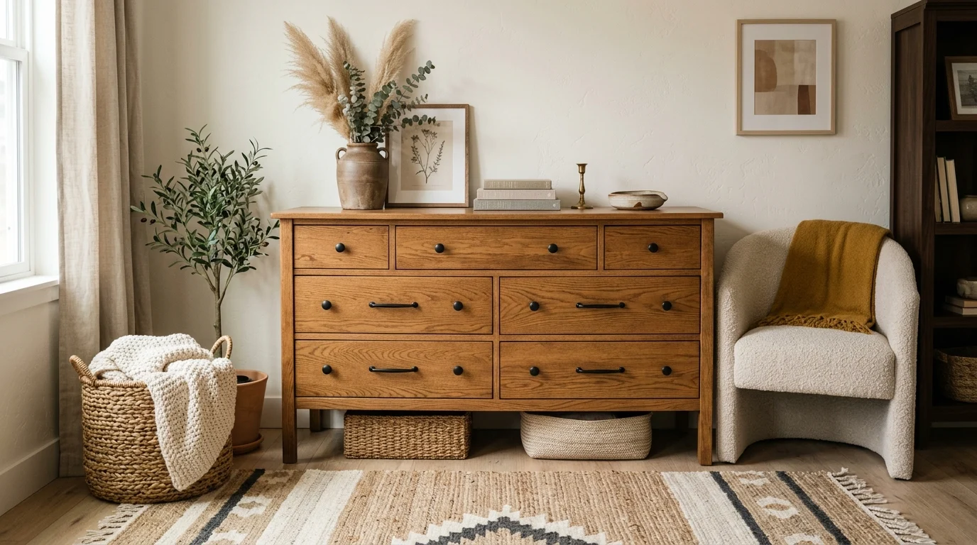 Restored secondhand furniture styled in a cozy modern home