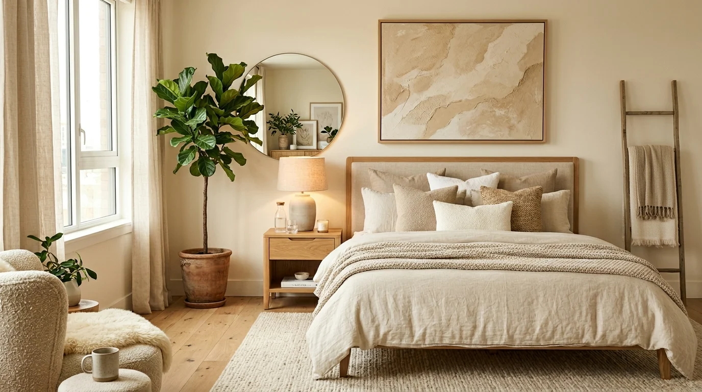 Aesthetic bedroom featuring neutral decor, layered bedding, warm lighting, plants, and modern styling.