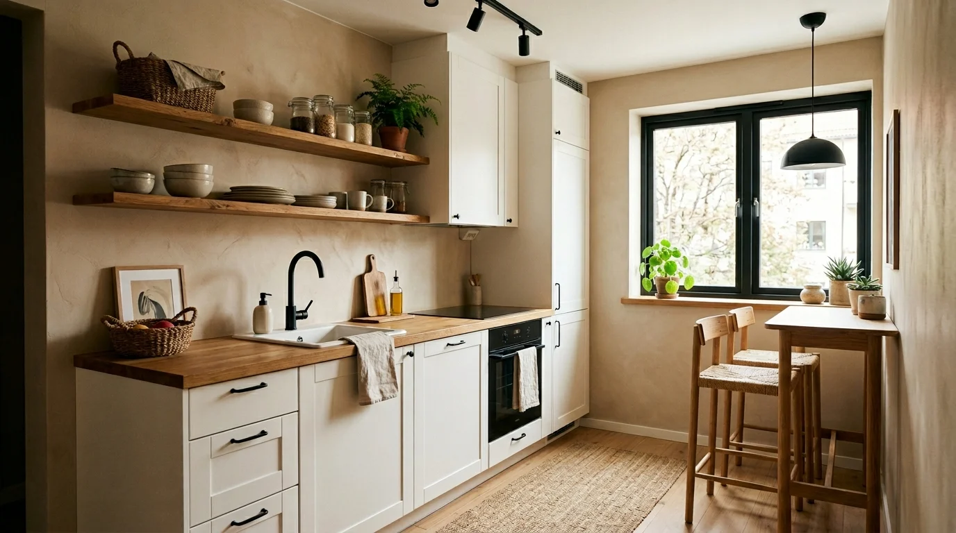 Very small kitchen with floating shelves, warm wood accents, and cozy modern styling.