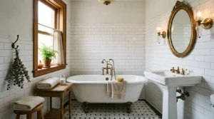 Vintage bathroom with a clawfoot tub, hexagon floor tiles, brass fixtures, and antique decor.