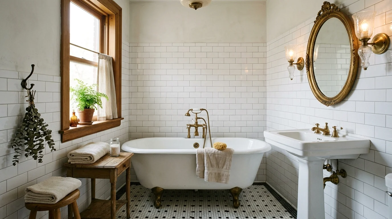 Vintage bathroom with a clawfoot tub, hexagon floor tiles, brass fixtures, and antique decor.