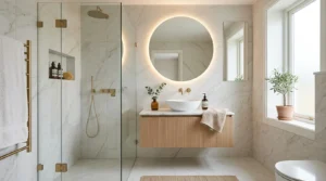 Modern small bathroom with floating vanity and frameless glass shower.