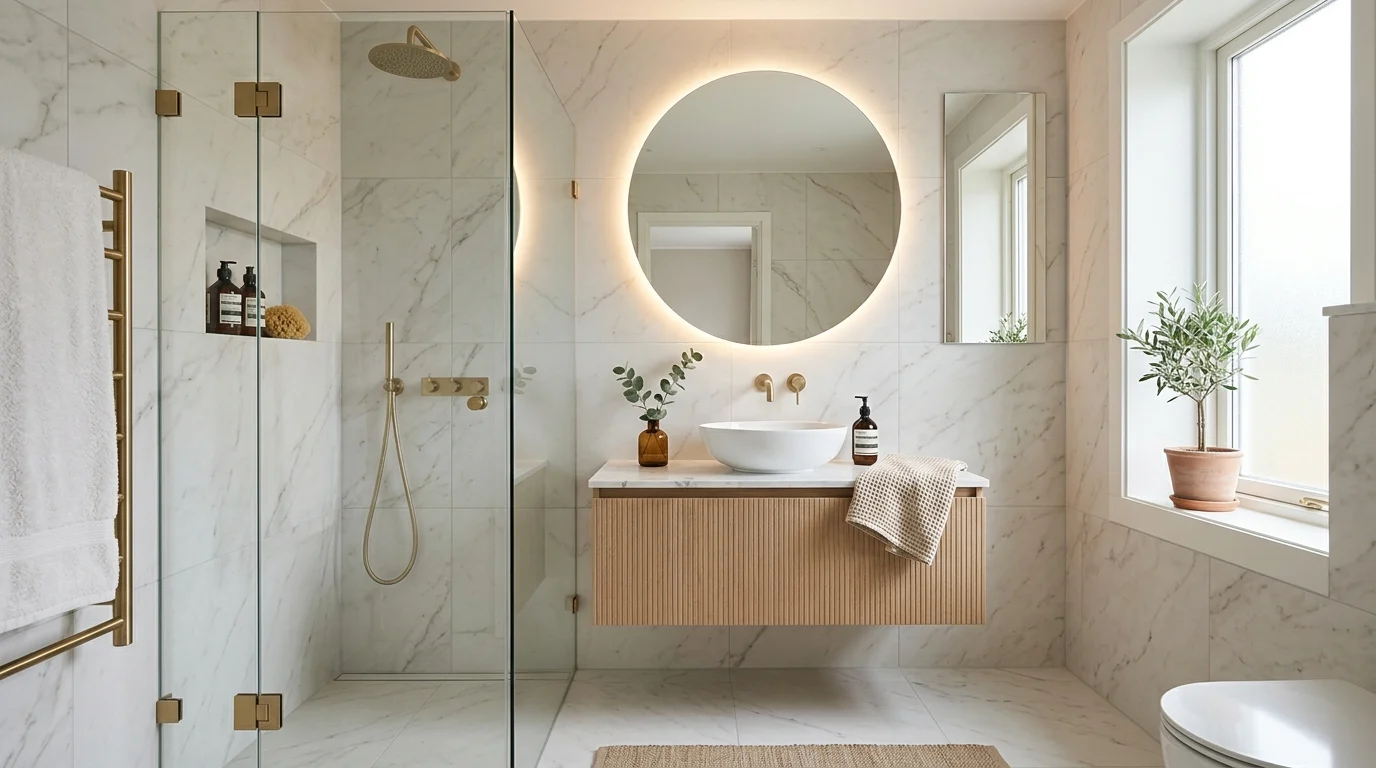 Modern small bathroom with floating vanity and frameless glass shower.