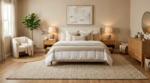 Cozy bedroom with a large neutral area rug extending beyond the bed over warm hardwood flooring.
