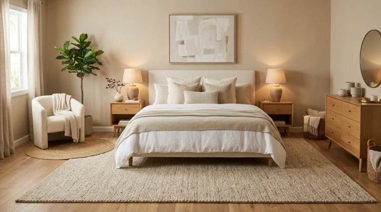 Cozy bedroom with a large neutral area rug extending beyond the bed over warm hardwood flooring.