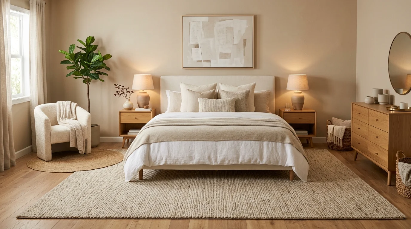 Cozy bedroom with a large neutral area rug extending beyond the bed over warm hardwood flooring.
