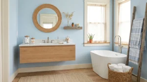 Coastal bathroom with soft blue walls, rattan mirror, woven baskets, striped towels and natural wood accents.