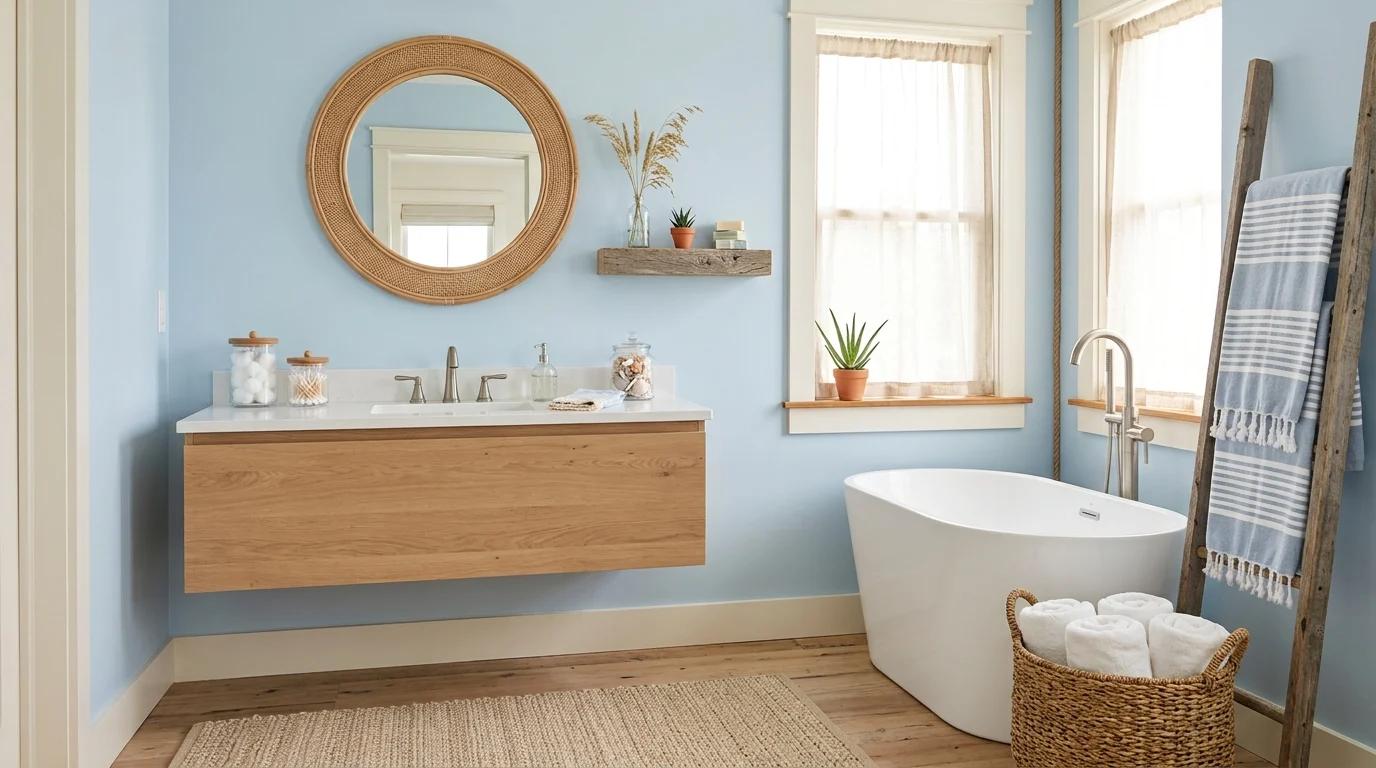 Coastal bathroom with soft blue walls, rattan mirror, woven baskets, striped towels and natural wood accents.