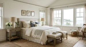 Nancy Meyers-inspired bedroom with white linen bedding, coastal blue accents, warm wood furniture, and natural light.