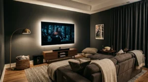 Cozy TV room with a large screen, reclining sectional, blackout curtains, warm lighting, and movie night setup.