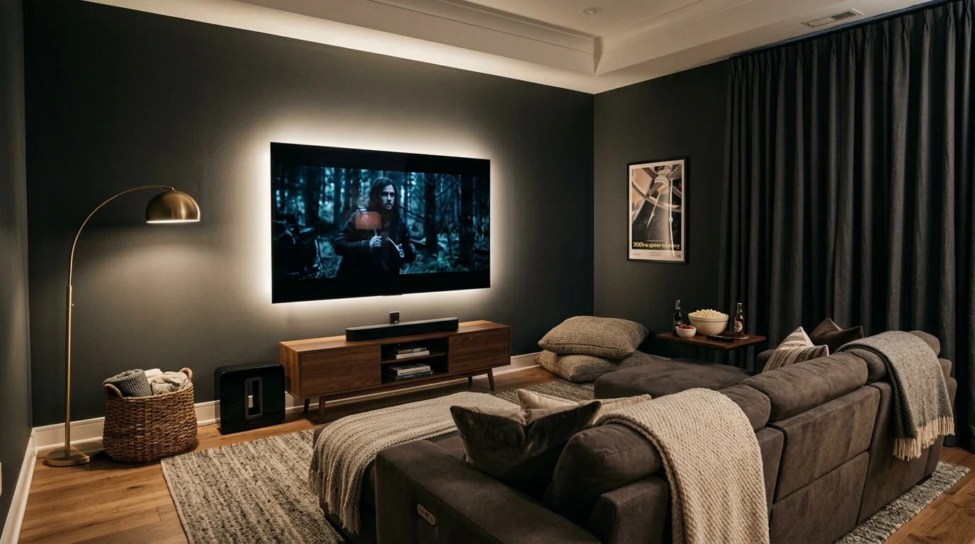 Cozy TV room with a large screen, reclining sectional, blackout curtains, warm lighting, and movie night setup.
