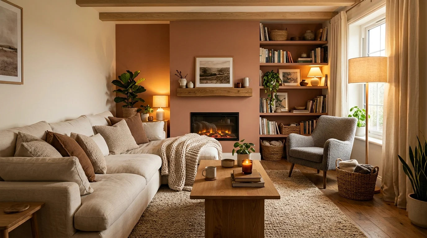 Cozy living room with warm lighting, a cream sofa, layered textiles, wood accents, and a fireplace.