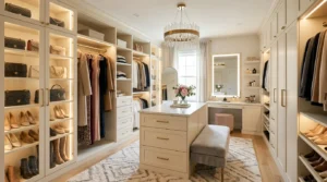 Luxurious dressing room with vanity, storage island, glass cabinets, chandelier, mirrors and built-in wardrobes.