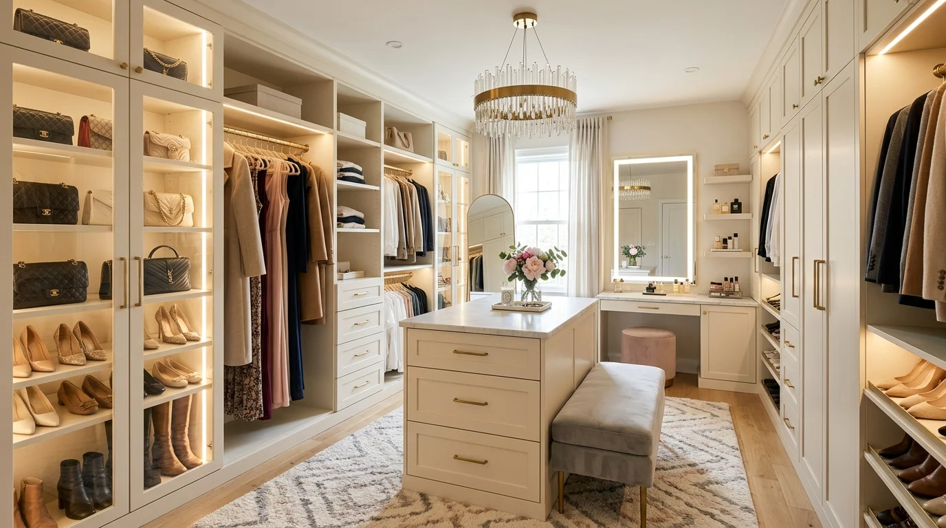 Luxurious dressing room with vanity, storage island, glass cabinets, chandelier, mirrors and built-in wardrobes.