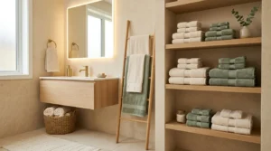 Spa-like bathroom with folded and rolled towels, wooden ladder rack, woven basket and coordinated neutral colors.