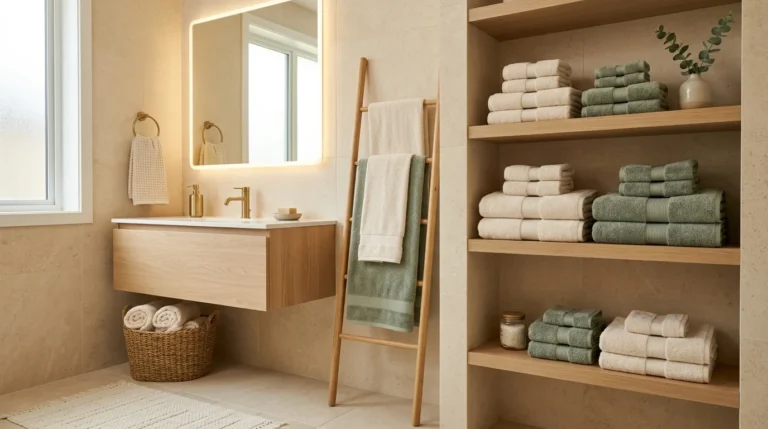 Spa-like bathroom with folded and rolled towels, wooden ladder rack, woven basket and coordinated neutral colors.