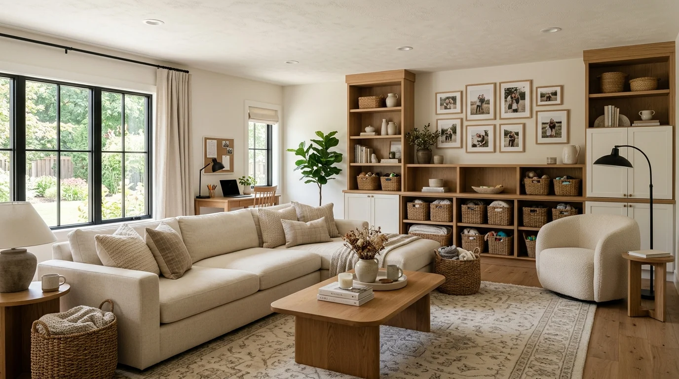 Cozy family room with sectional sofa, storage, layered lighting, and warm neutral decor.
