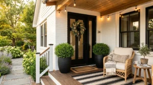 Cozy small front porch with modern decor, plants, and warm lighting.