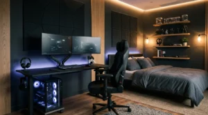 Modern gamer bedroom with dual monitors, RGB lighting, gaming desk, ergonomic chair and organized storage.