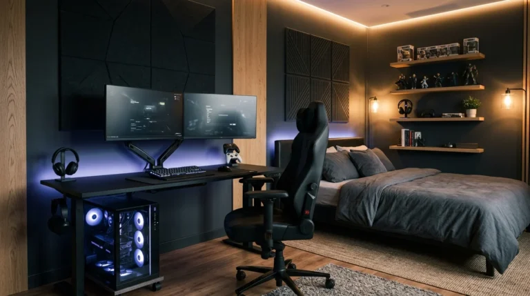Modern gamer bedroom with dual monitors, RGB lighting, gaming desk, ergonomic chair and organized storage.