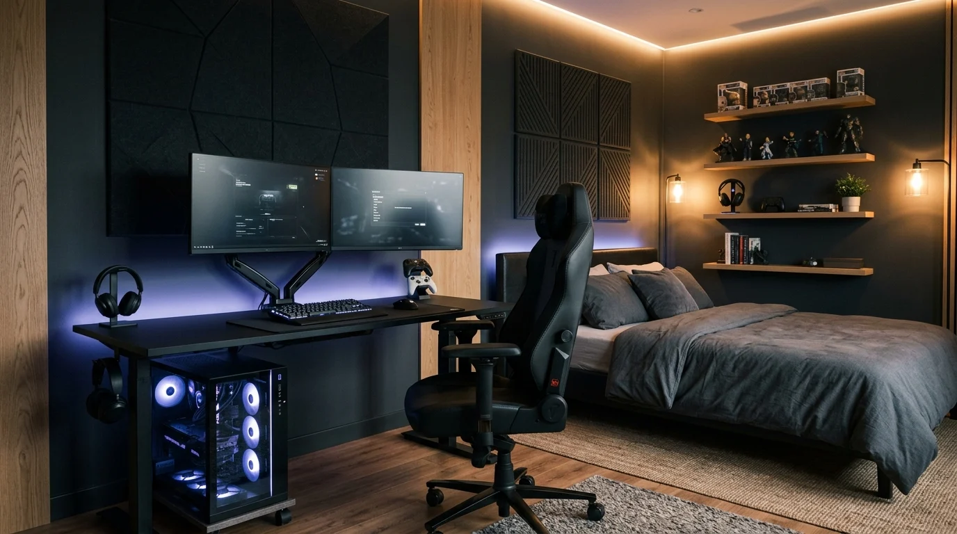 Modern gamer bedroom with dual monitors, RGB lighting, gaming desk, ergonomic chair and organized storage.