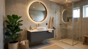 Modern gray bathroom with charcoal vanity and brass fixtures.