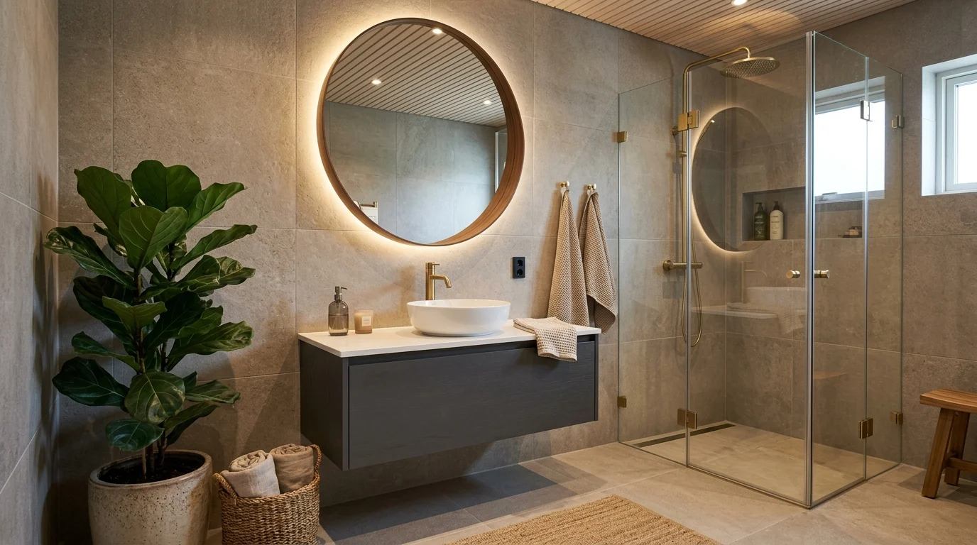 Modern gray bathroom with charcoal vanity and brass fixtures.
