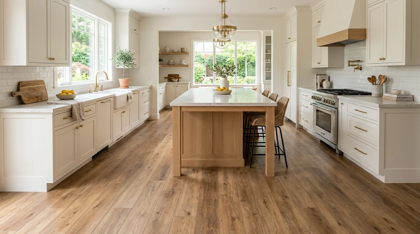 Stylish kitchen with warm wood-look flooring, white cabinets, and a light oak island.