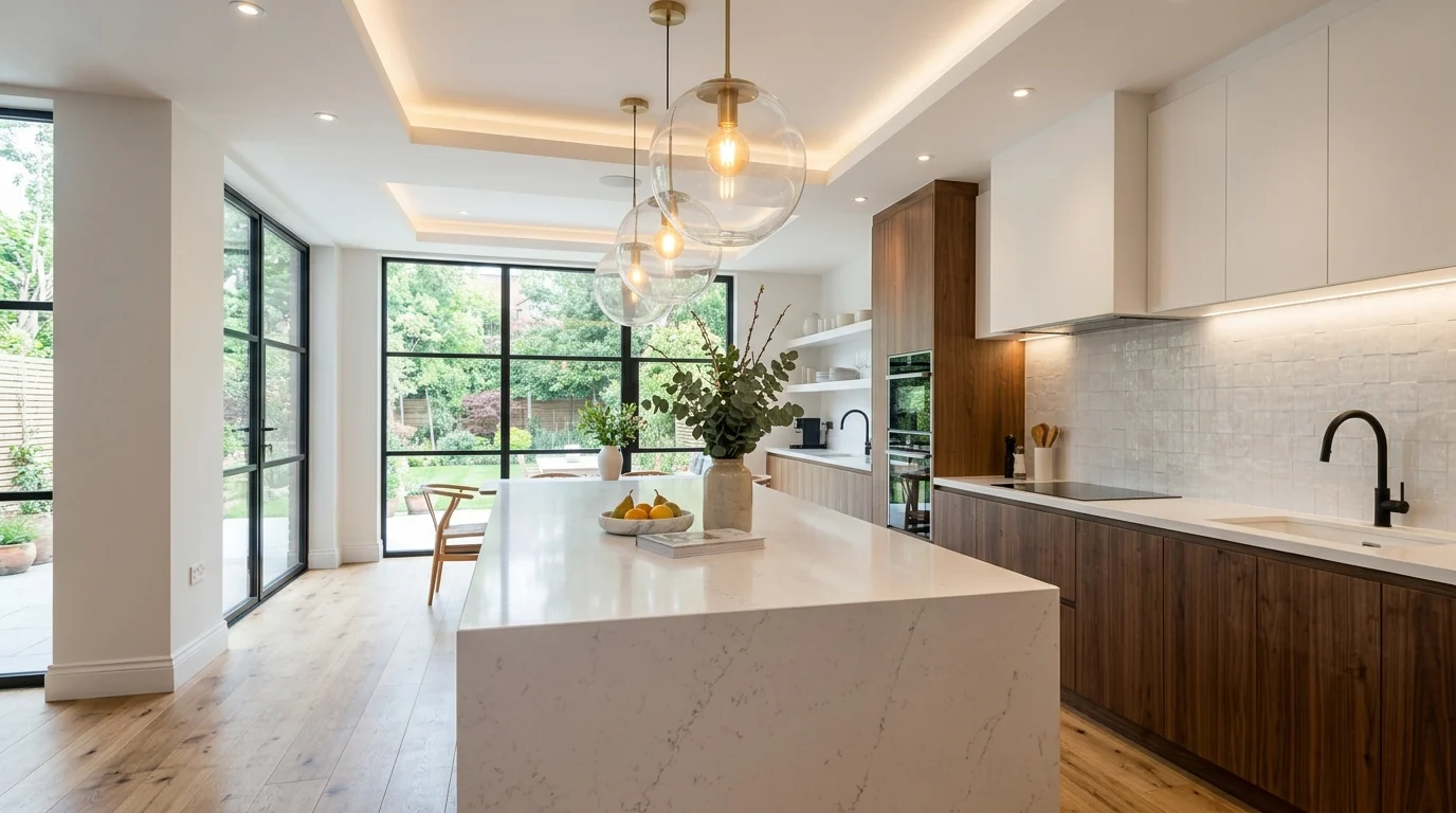 Modern kitchen island with three glass pendant lights, brass accents, and layered lighting.