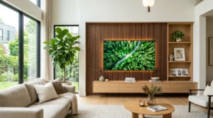 Modern living room with wood slat TV wall and floating media console.