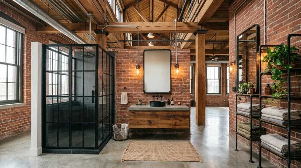 Industrial bathroom with exposed brick, concrete flooring, black fixtures, reclaimed wood vanity, and warm lighting.