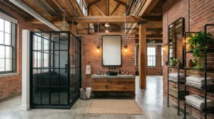 Industrial bathroom with exposed brick, concrete flooring, black fixtures, reclaimed wood vanity, and warm lighting.