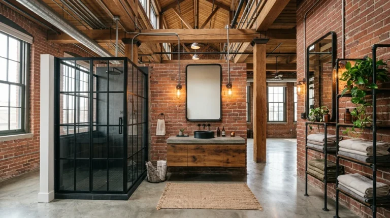 Industrial bathroom with exposed brick, concrete flooring, black fixtures, reclaimed wood vanity, and warm lighting.