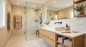 Modern bathroom with floating vanity, frameless shower, and minimalist design.