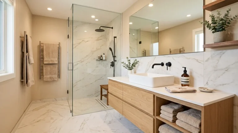 Modern bathroom with floating vanity, frameless shower, and minimalist design.