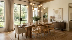 Modern dining room with oak table, brass chandelier, and stylish decor.