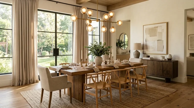 Modern dining room with oak table, brass chandelier, and stylish decor.