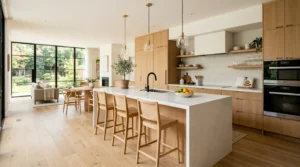 Modern kitchen layout with large island and smart space planning.