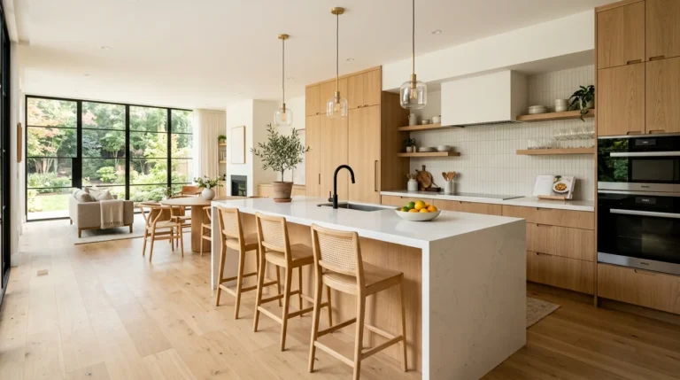 Modern kitchen layout with large island and smart space planning.