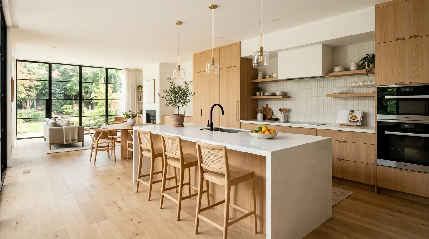 Modern kitchen layout with large island and smart space planning.