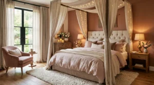 Romantic bedroom with canopy bed, layered bedding, fairy lights, candles, and warm cozy decor.